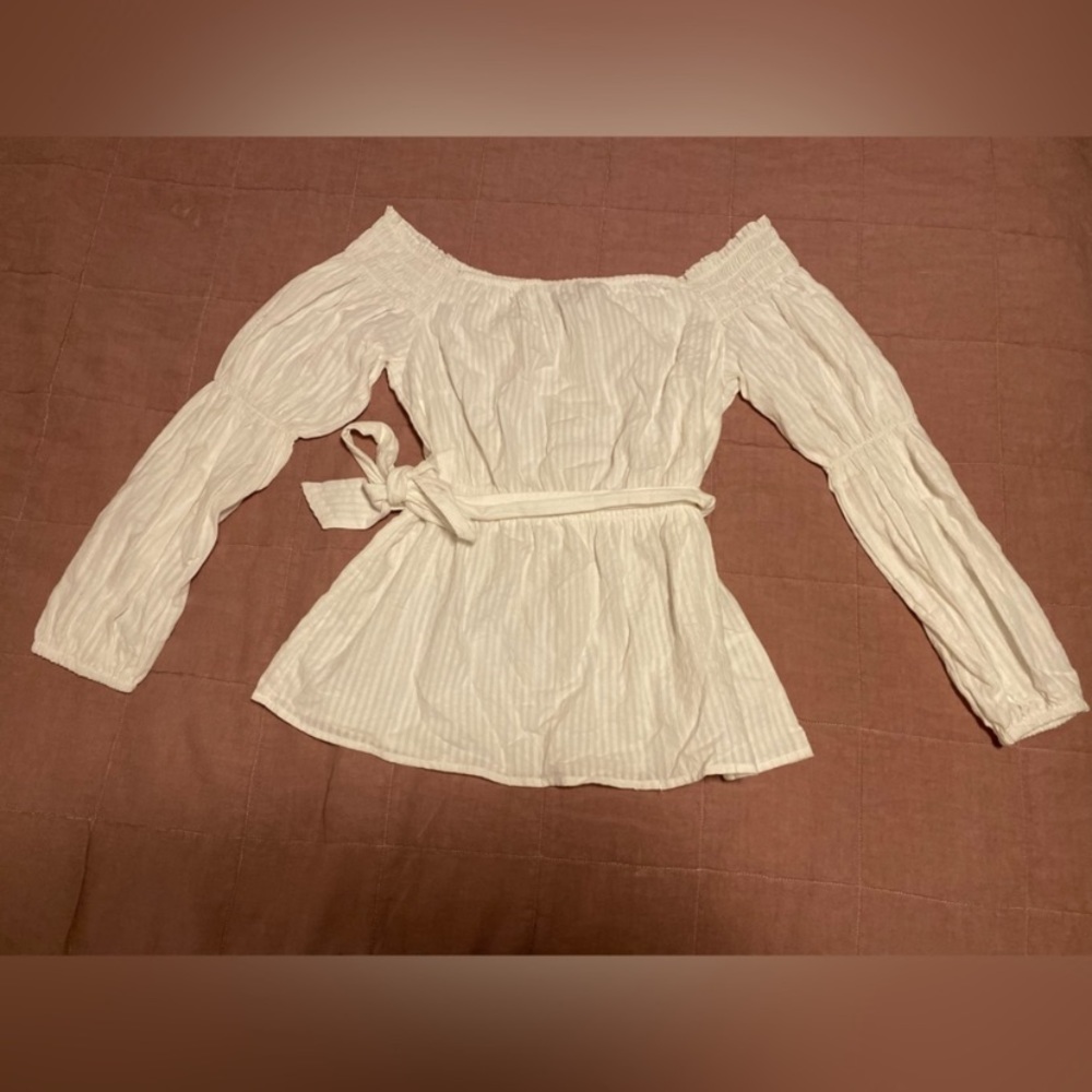 ASOS white blouse elastic waist bow tie long sleeve top wide neck line size 6